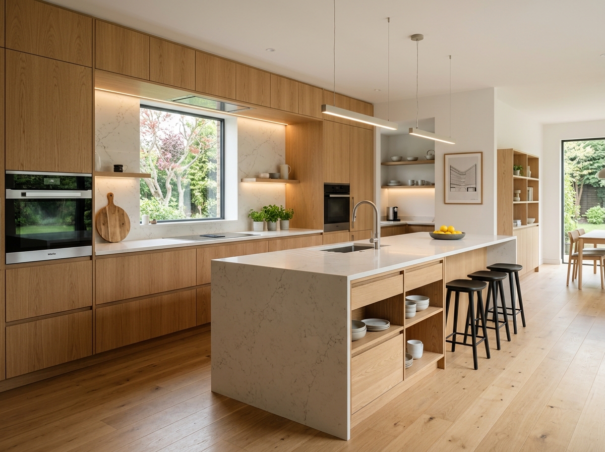 Cocina a medida moderna con isla y terminaciones de madera
